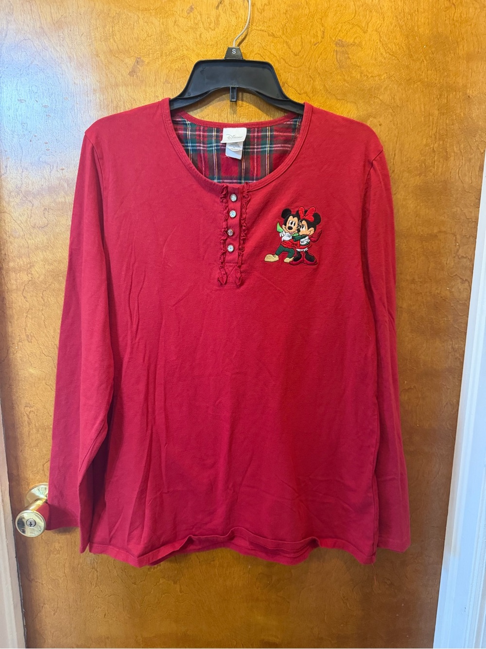 Disney Red Mickey & Minnie Mouse Button Henley Long Sleeve Embroidered Top M